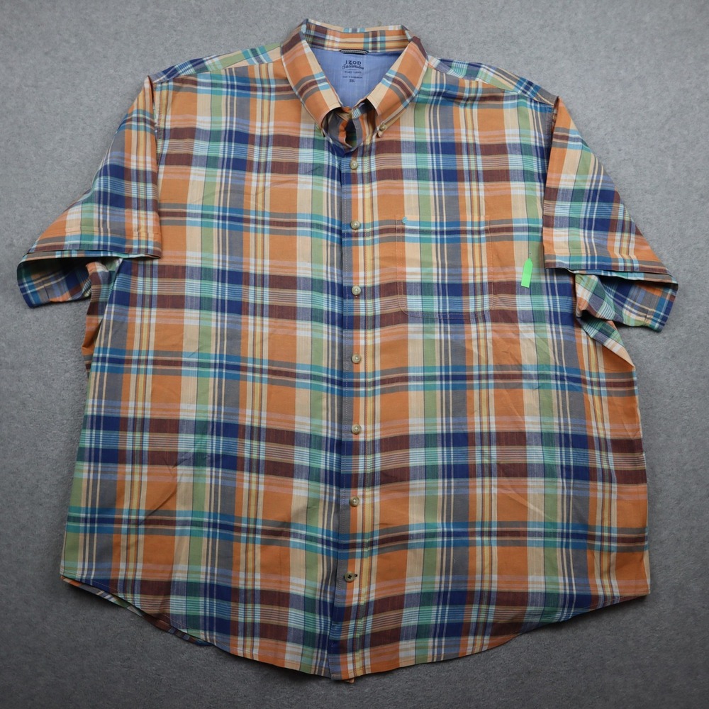 IZOD Saltwater Button Down Shirt Mens 3XL Relaxed Classics Orange Plaid Cotton